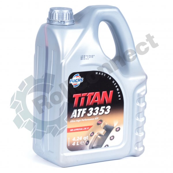 Recipient gri de 4 litri de ulei transmisie Fuchs Titan ATF 3353 cu mâner ergonomic și etichetă neagră cu text roșu.