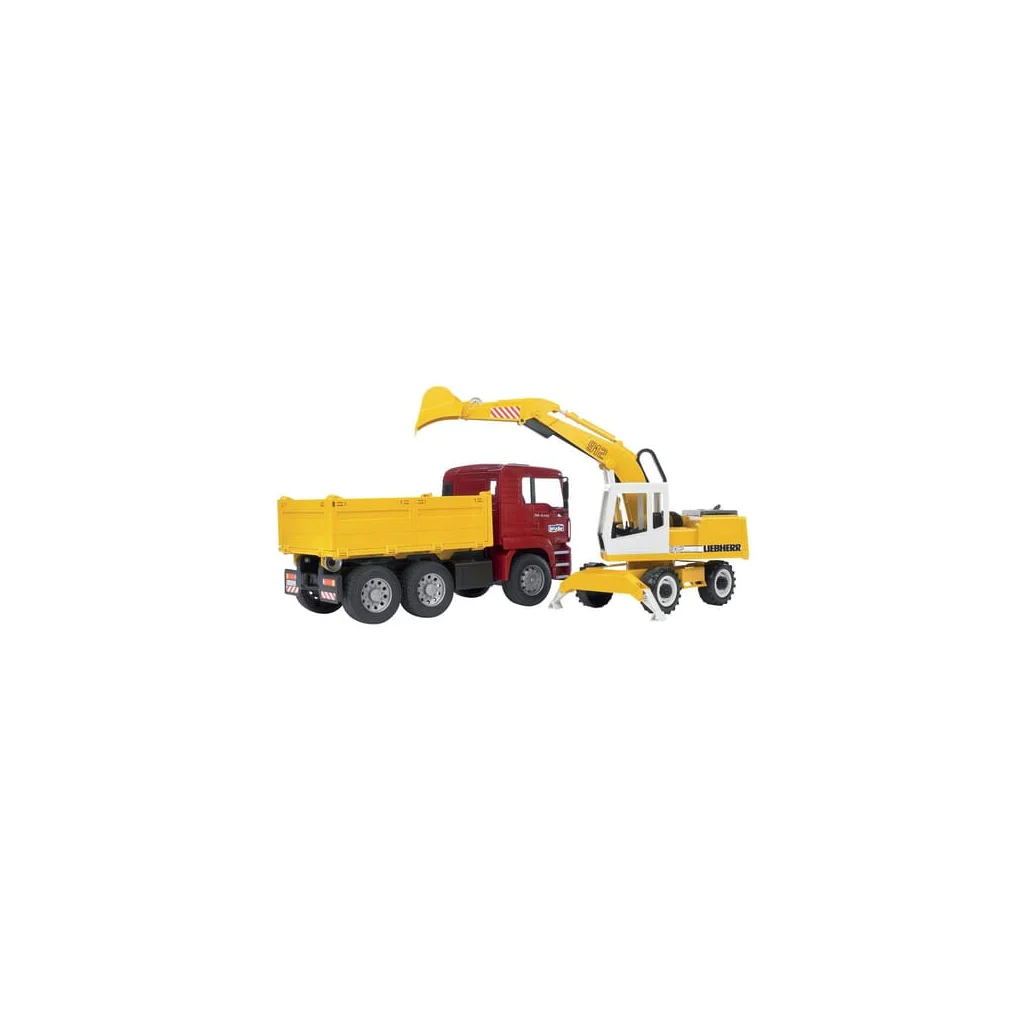 Camion MAN TGA cu benă basculabilă și excavator cu roți Liebherr