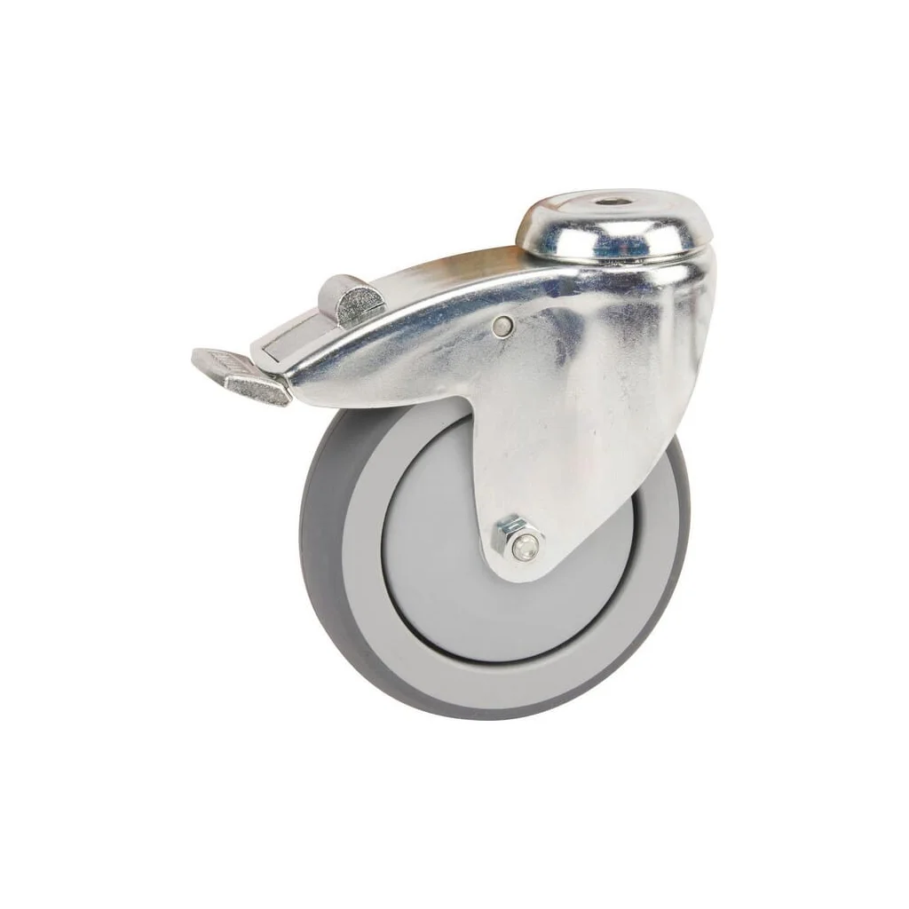 Roată pivotantă cu rolă cauciuc diametru 125x32mm cu frână 1 orificiu pentru șurub sarcină 100kg Tente 2477PJP125P3011