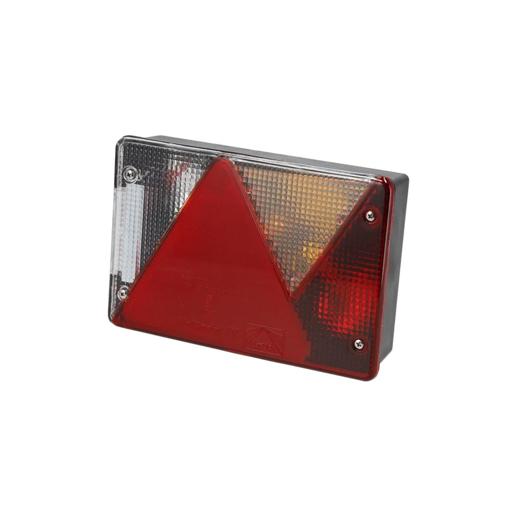 Lampă spate, dreptunghiulară, dreapta, lampă marșarier, 12V, roșu/transparent, cu șuruburi, 200x136x56mm, Baionetă 5 pini, Multi