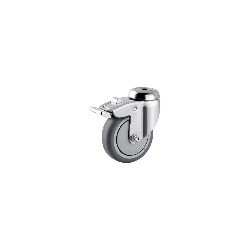 Roată pivotantă cu rolă cauciuc diametru 75x25mm cu frână oțel inoxidabil 1 orificiu pentru șurub sarcină 75kg Tente 7477PJC075P