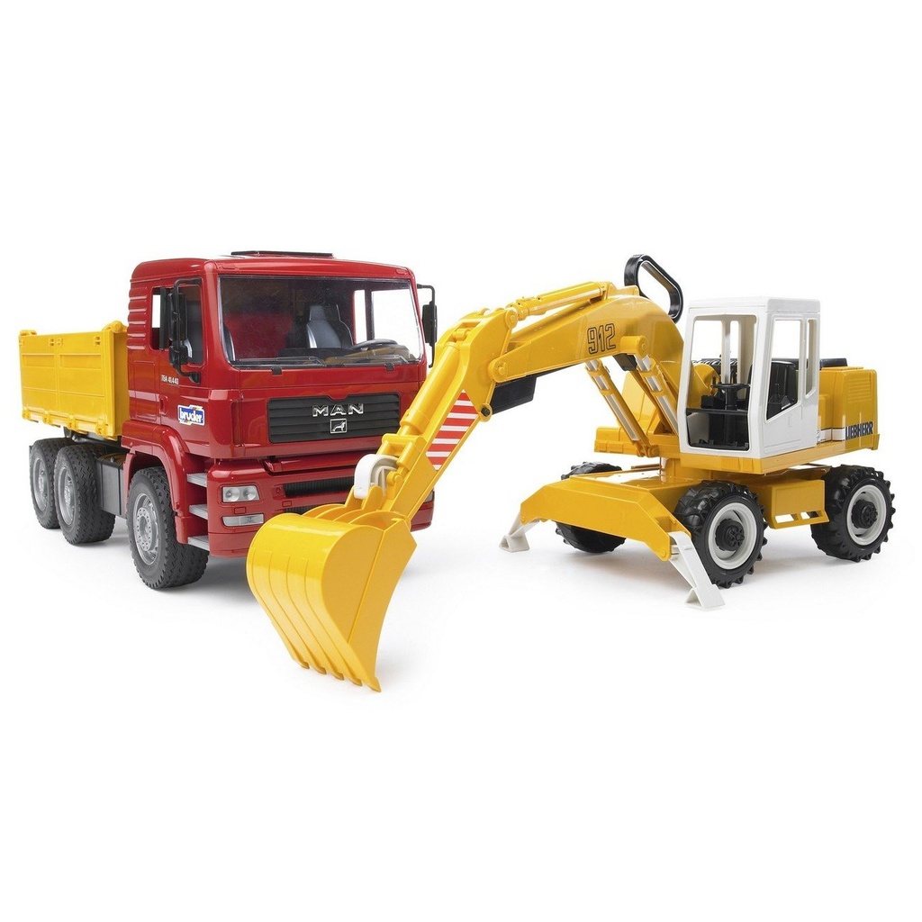 Camion MAN TGA cu bena basculabila si excavator cu roti Liebeherr